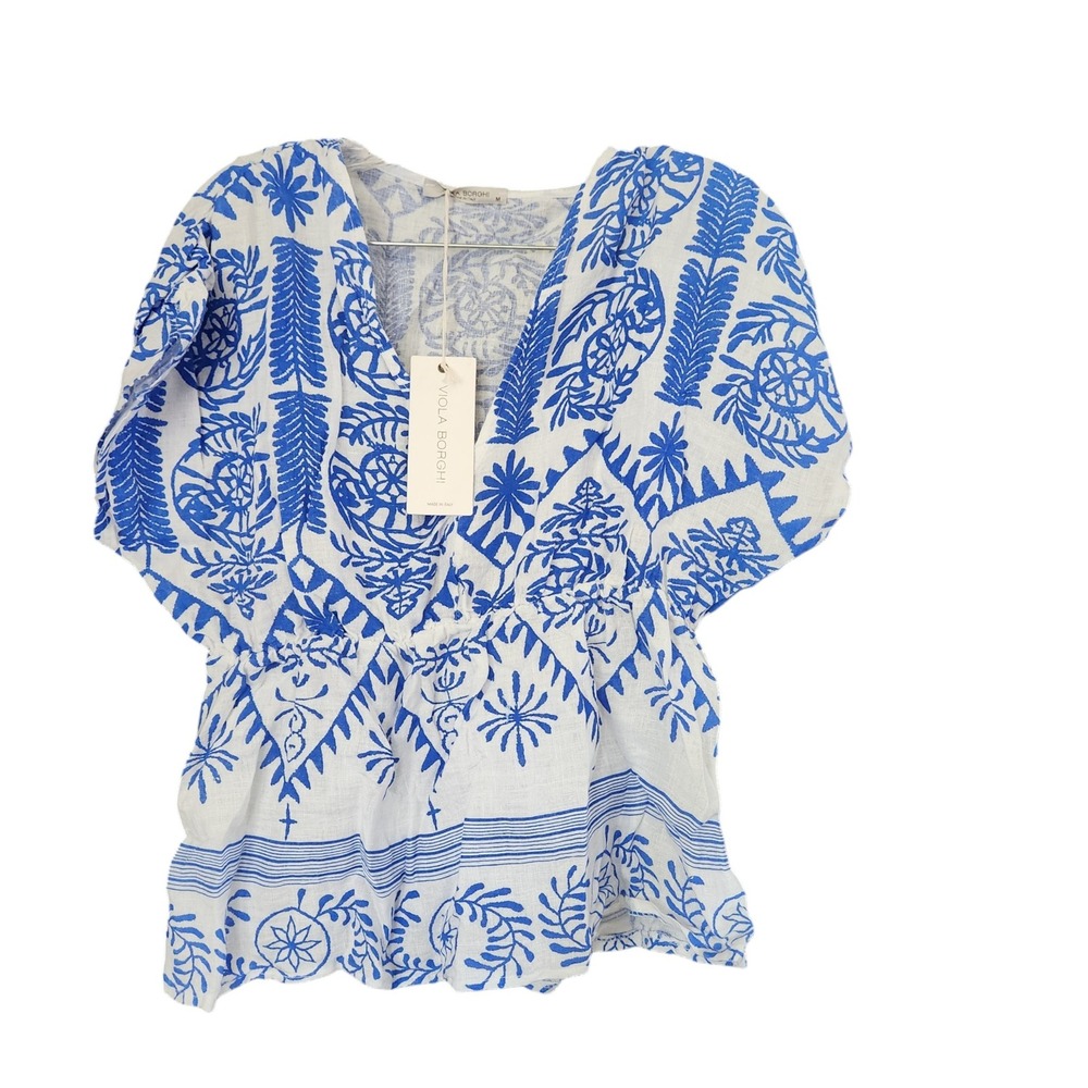 Viola Borghi Italy Pure Linen Blue White Print Peplum Top Blouse Medium NWT